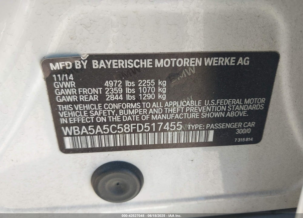 2015 BMW 5 SERIES VIN: WBA5A5C58FD517455