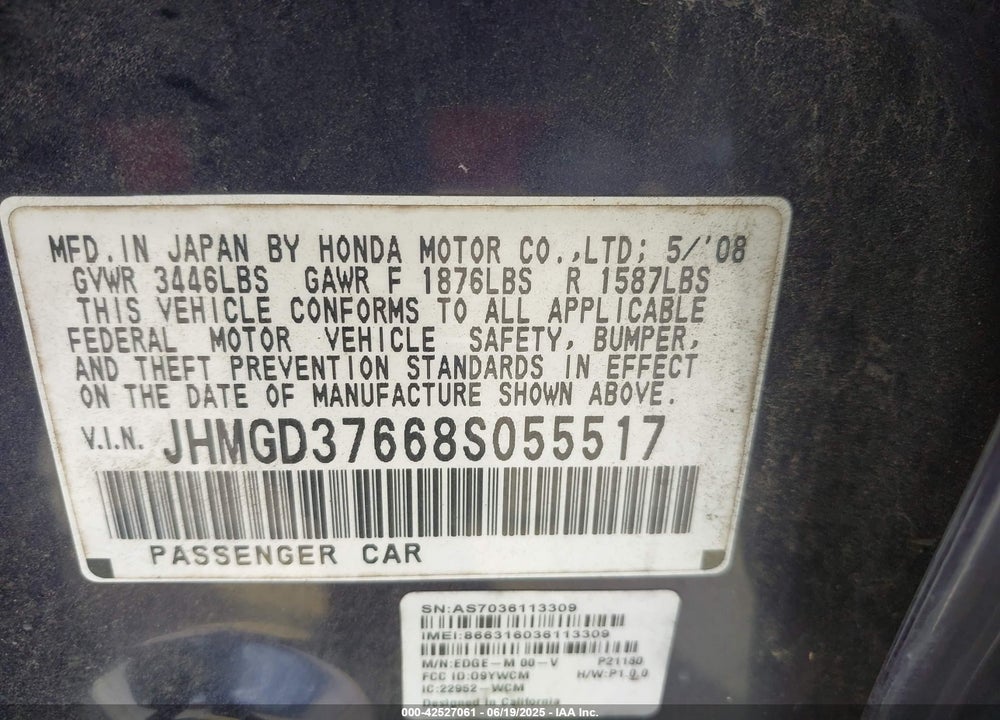 2008 HONDA FIT VIN: JHMGD37668S055517
