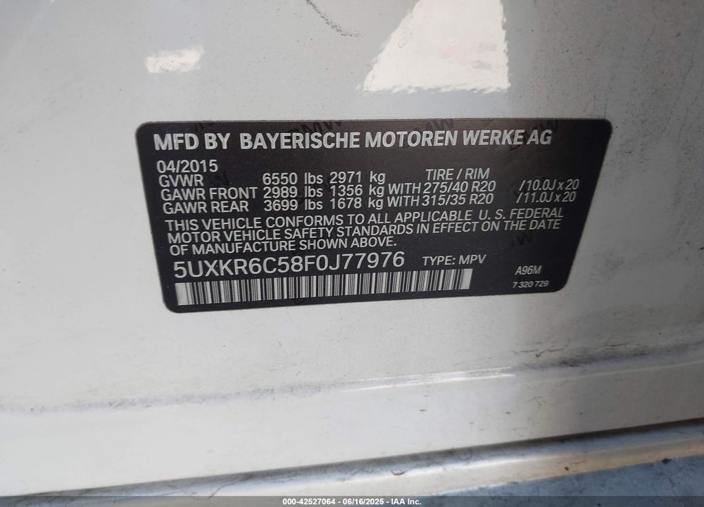 2015 BMW X5 VIN: 5UXKR6C58F0J77976