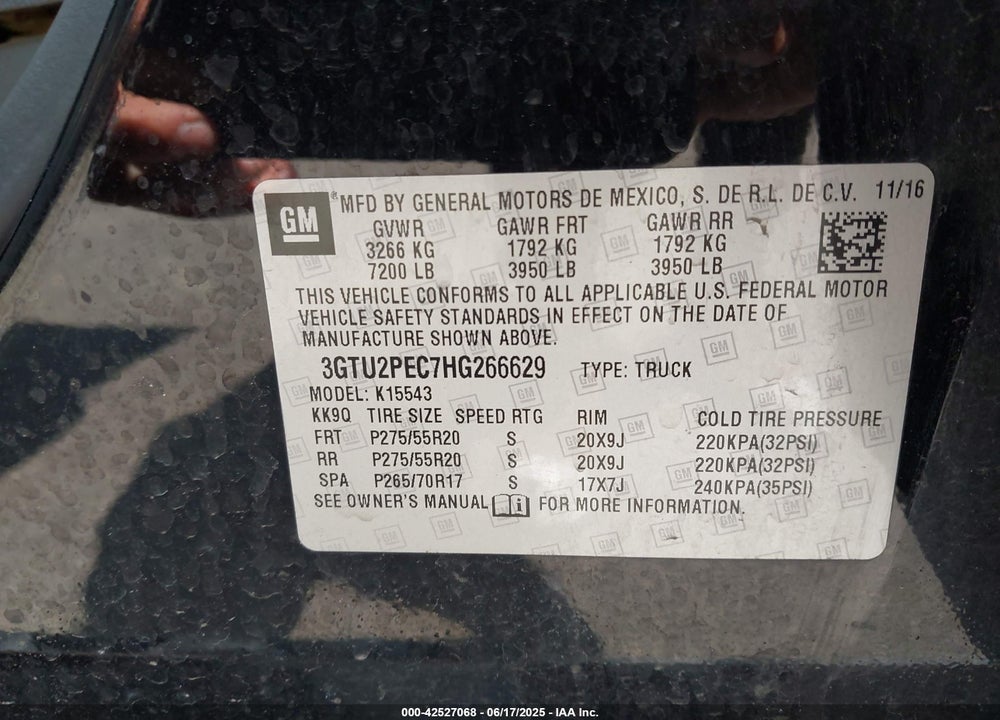 2017 GMC SIERRA 1500 VIN: 3GTU2PEC7HG266629