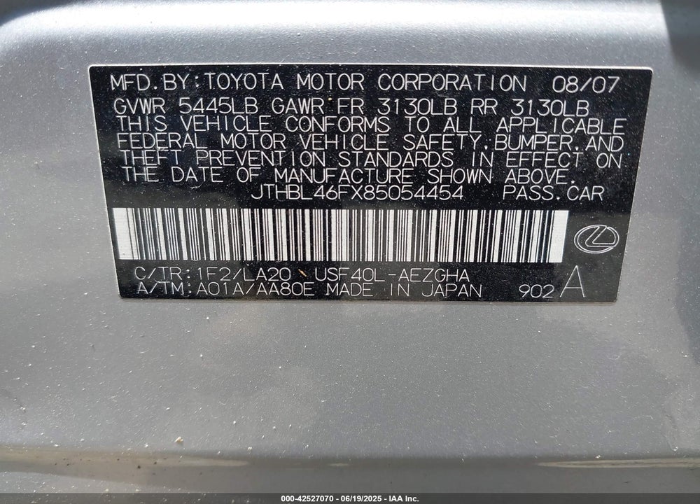 2008 LEXUS LS460 VIN: JTHBL46FX85054454