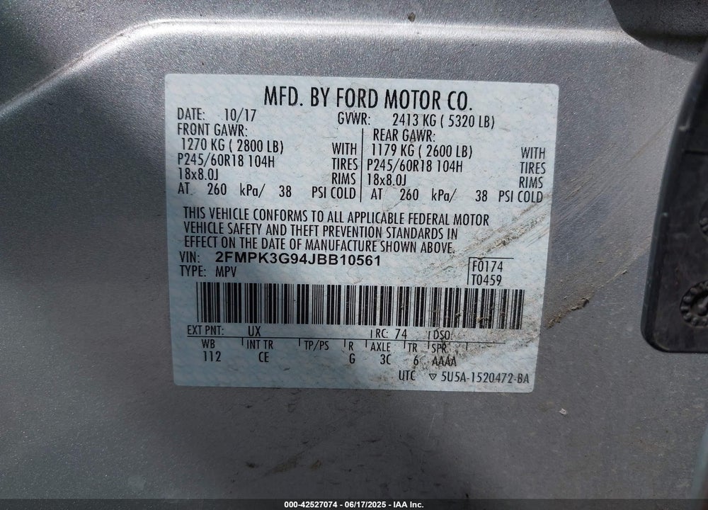 2018 FORD EDGE SE VIN: 2FMPK3G94JBB10561