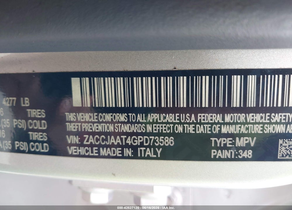 2016 JEEP RENEGADE SPORT VIN: ZACCJAAT4GPD73586