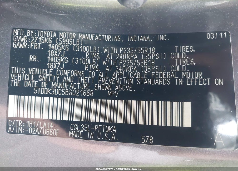 2011 TOYOTA SIENNA LIMITED VIN: 5TDDK3DC5BS021668