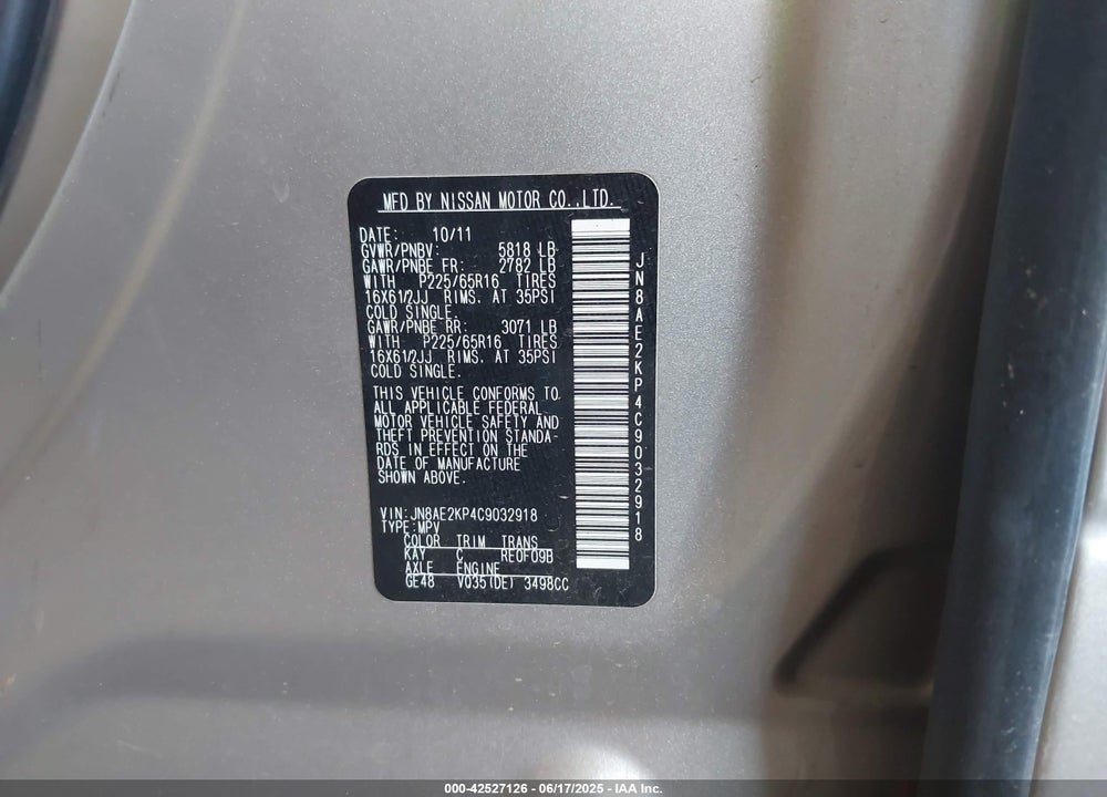 2012 NISSAN QUEST S VIN: JN8AE2KP4C9032918