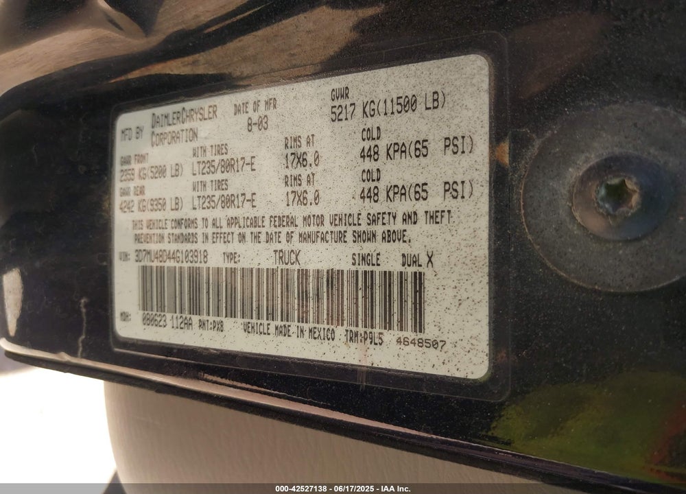 2004 DODGE RAM 3500 ST VIN: 3D7MU48D44G103918