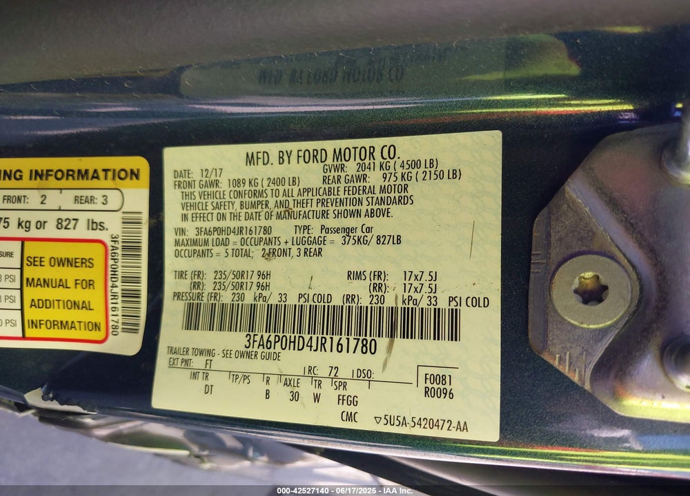 2018 FORD FUSION VIN: 3FA6P0HD4JR161780