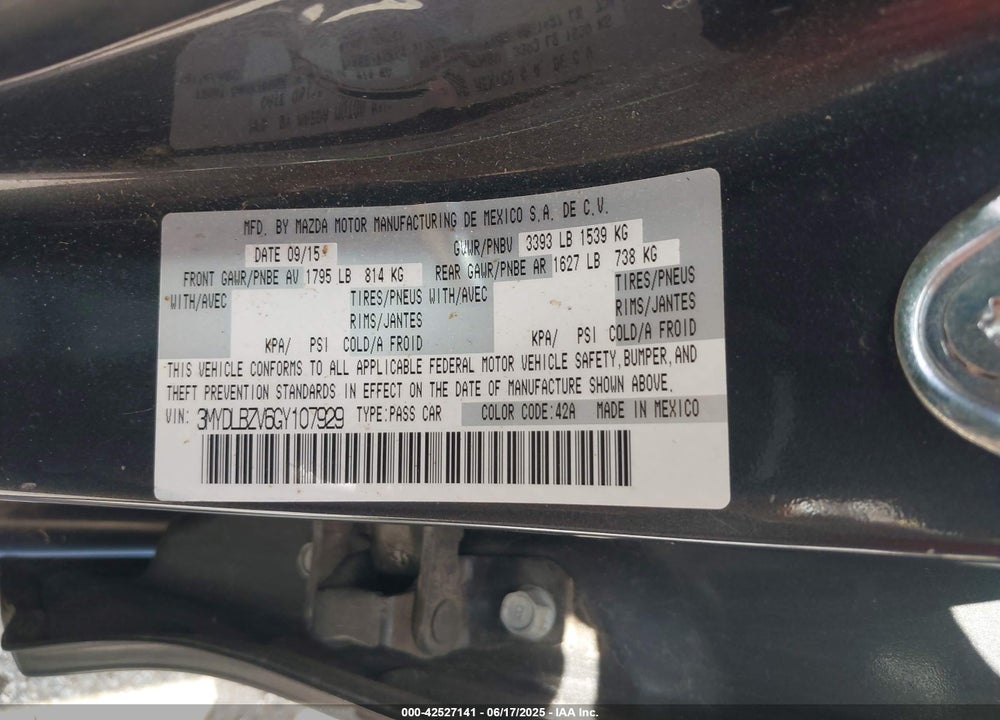 2016 SCION IA VIN: 3MYDLBZV6GY107929