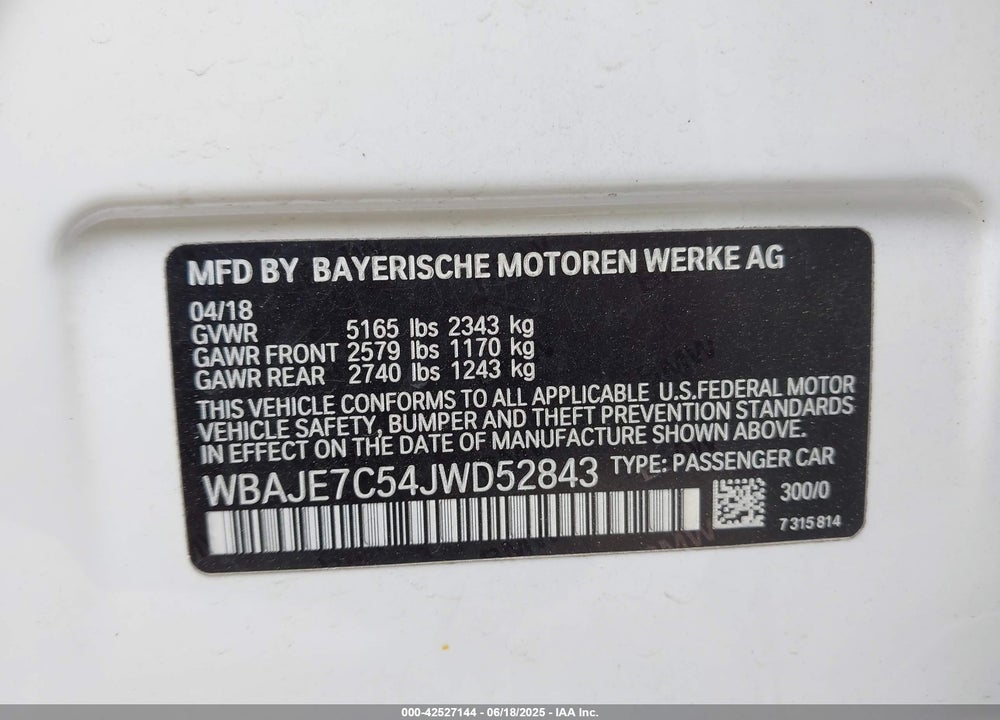 2018 BMW 5 SERIES VIN: WBAJE7C54JWD52843