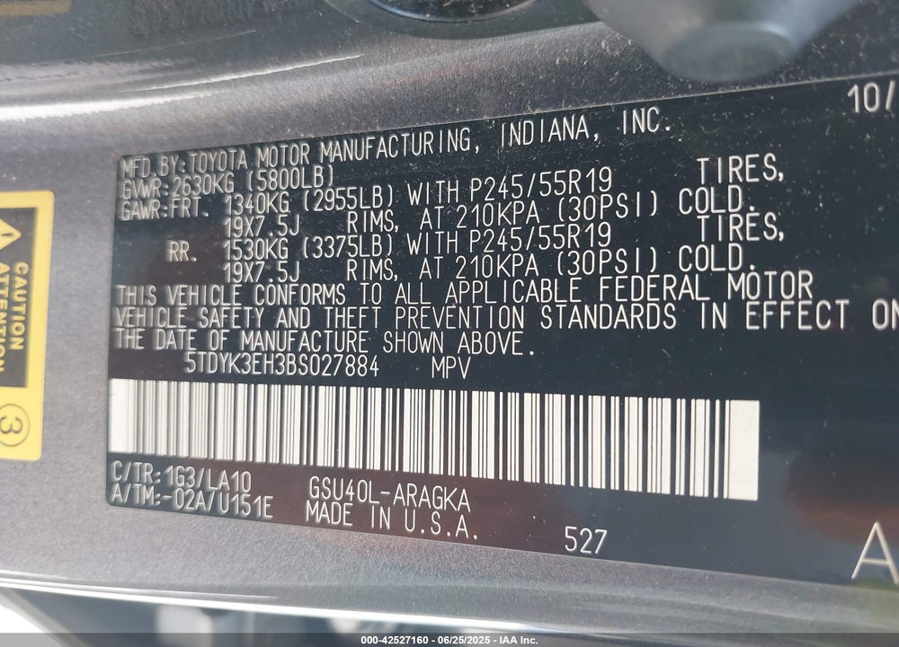 2011 TOYOTA HIGHLANDER VIN: 5TDYK3EH3BS027884