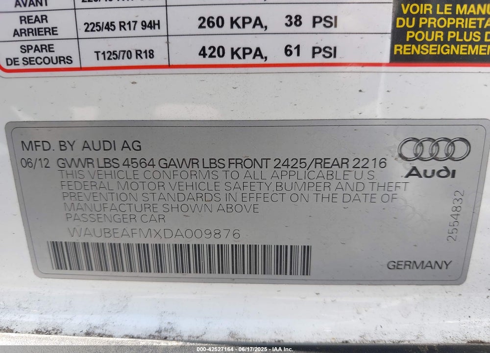 2013 AUDI A3 2.0T PREMIUM VIN: WAUBEAFMXDA009876