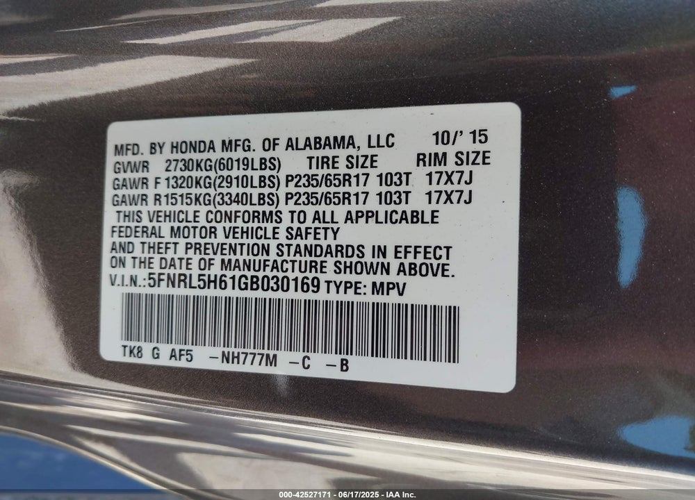 2016 HONDA ODYSSEY EX-L VIN: 5FNRL5H61GB030169