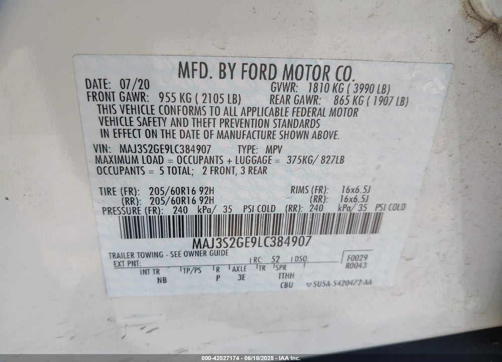 2020 FORD ECOSPORT SE VIN: MAJ3S2GE9LC384907