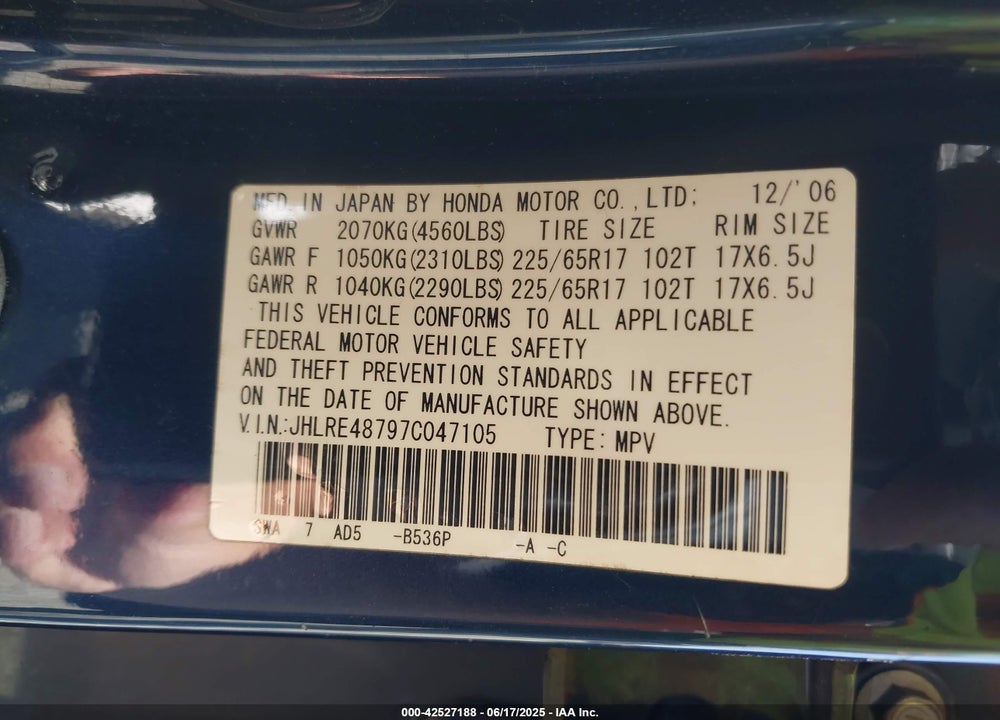 2007 HONDA CR-V VIN: JHLRE48797C047105