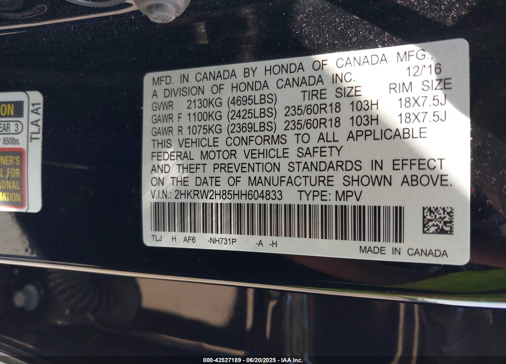 2017 HONDA CR-V VIN: 2HKRW2H85HH604833