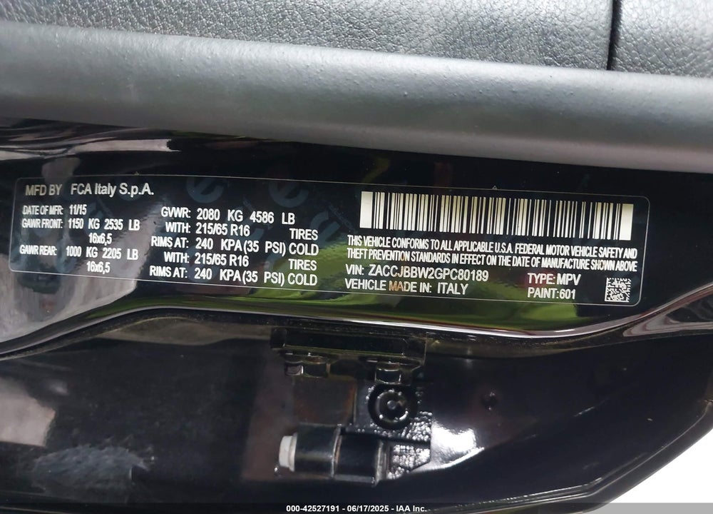 2016 JEEP RENEGADE VIN: ZACCJBBW2GPC80189