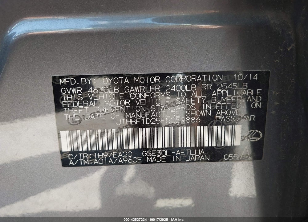 2015 LEXUS IS250 VIN: JTHBF1D25F5059886