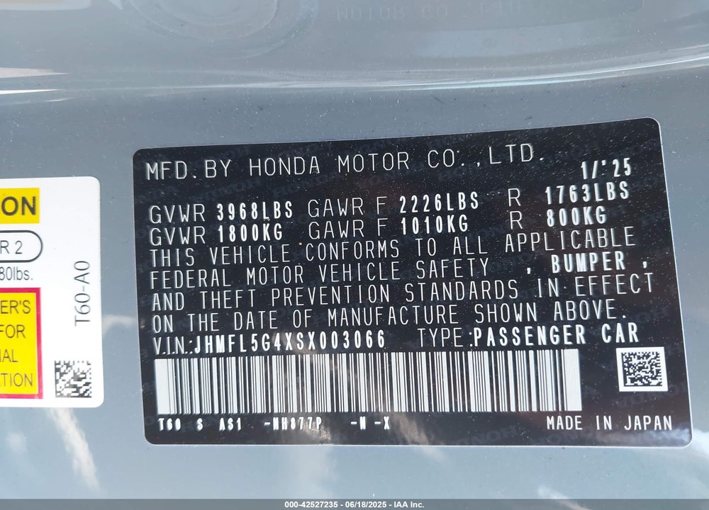 2025 HONDA CIVIC VIN: JHMFL5G4XSX003066
