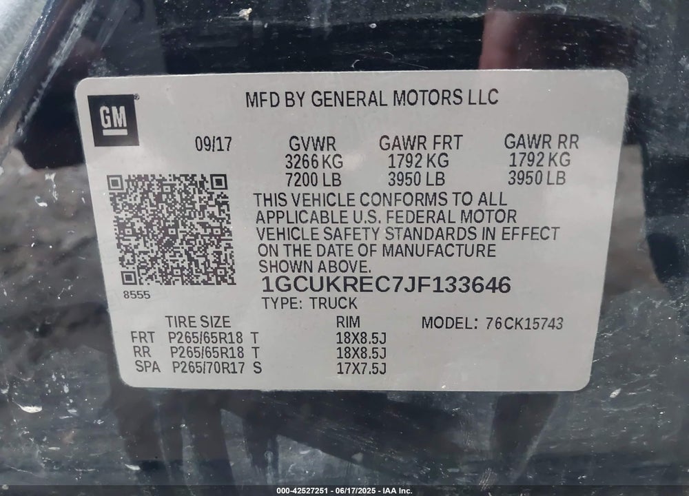 2018 CHEVROLET SILVERADO 1500 VIN: 1GCUKREC7JF133646