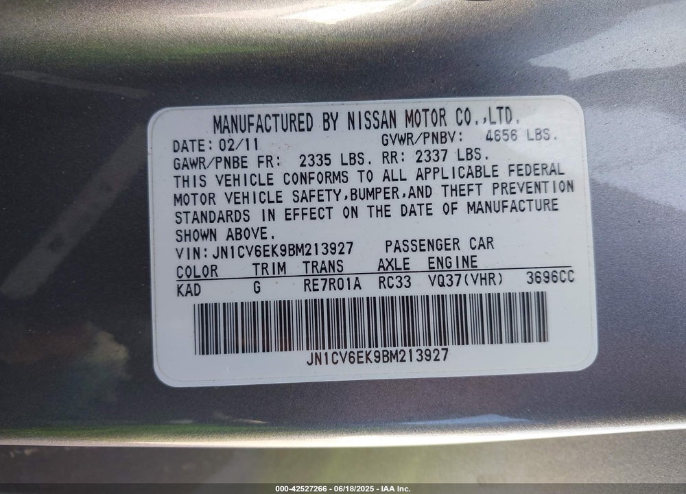 2011 INFINITI G37 IPL VIN: JN1CV6EK9BM213927