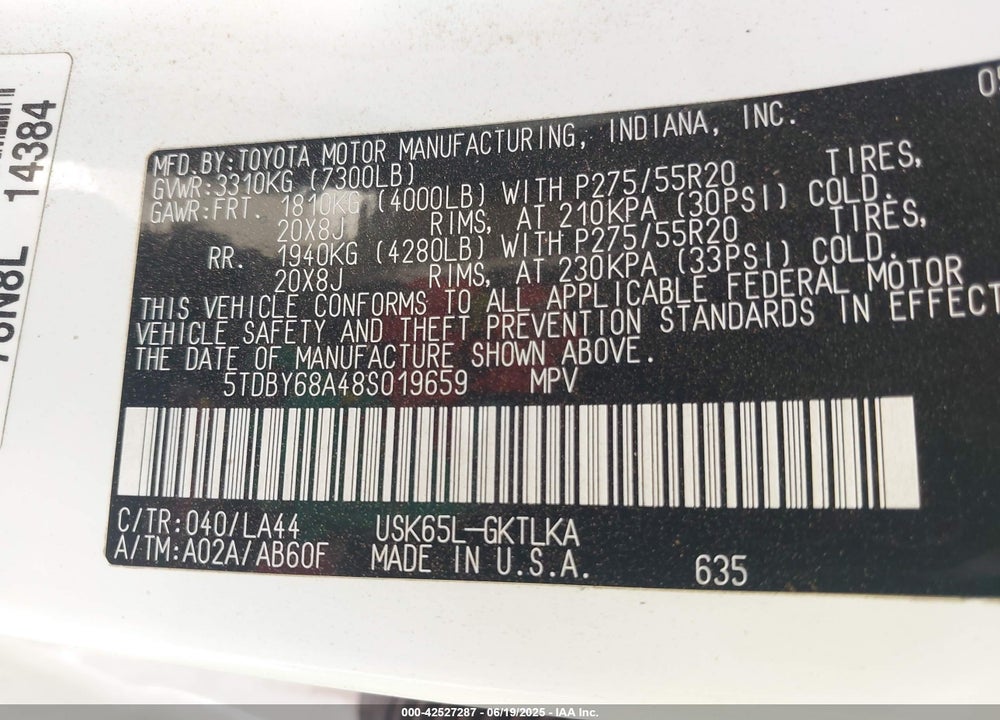 2008 TOYOTA SEQUOIA VIN: 5TDBY68A48S019659