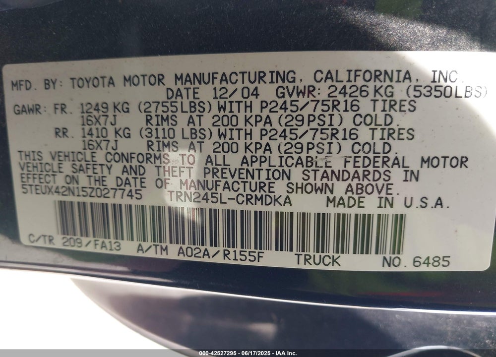 2005 TOYOTA TACOMA VIN: 5TEUX42N15Z027745