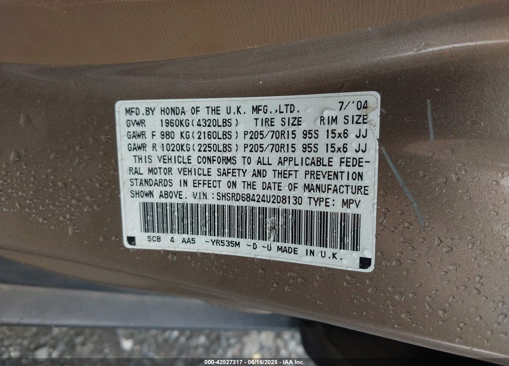 2004 HONDA CR-V LX VIN: SHSRD68424U208130