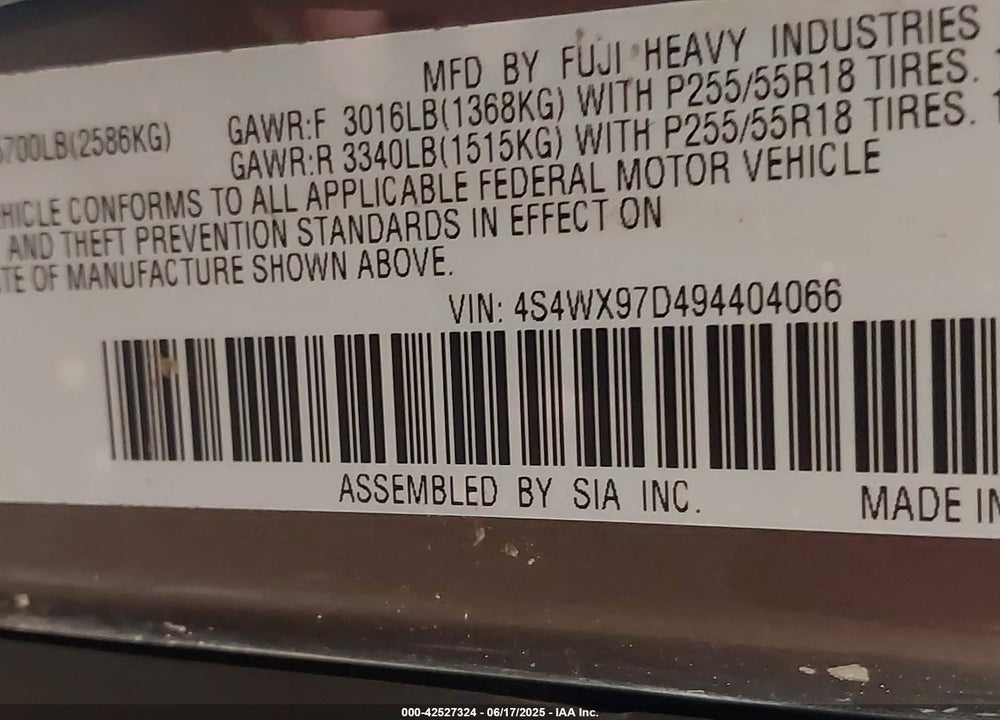 2009 SUBARU TRIBECA VIN: 4S4WX97D494404066