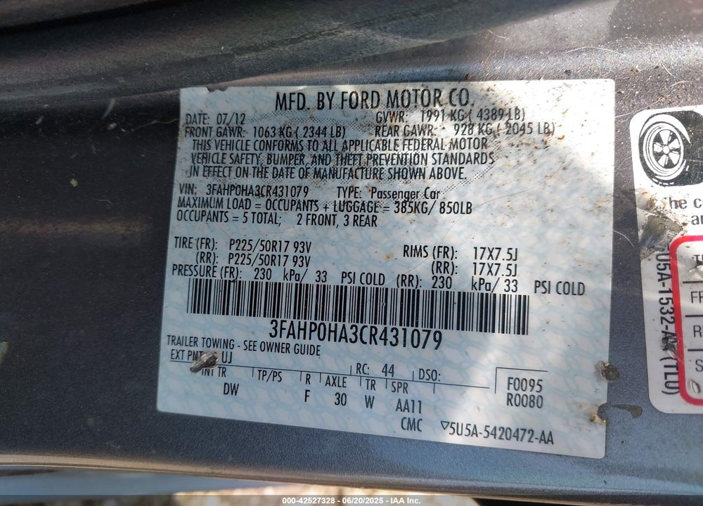 2012 FORD FUSION SE VIN: 3FAHP0HA3CR431079