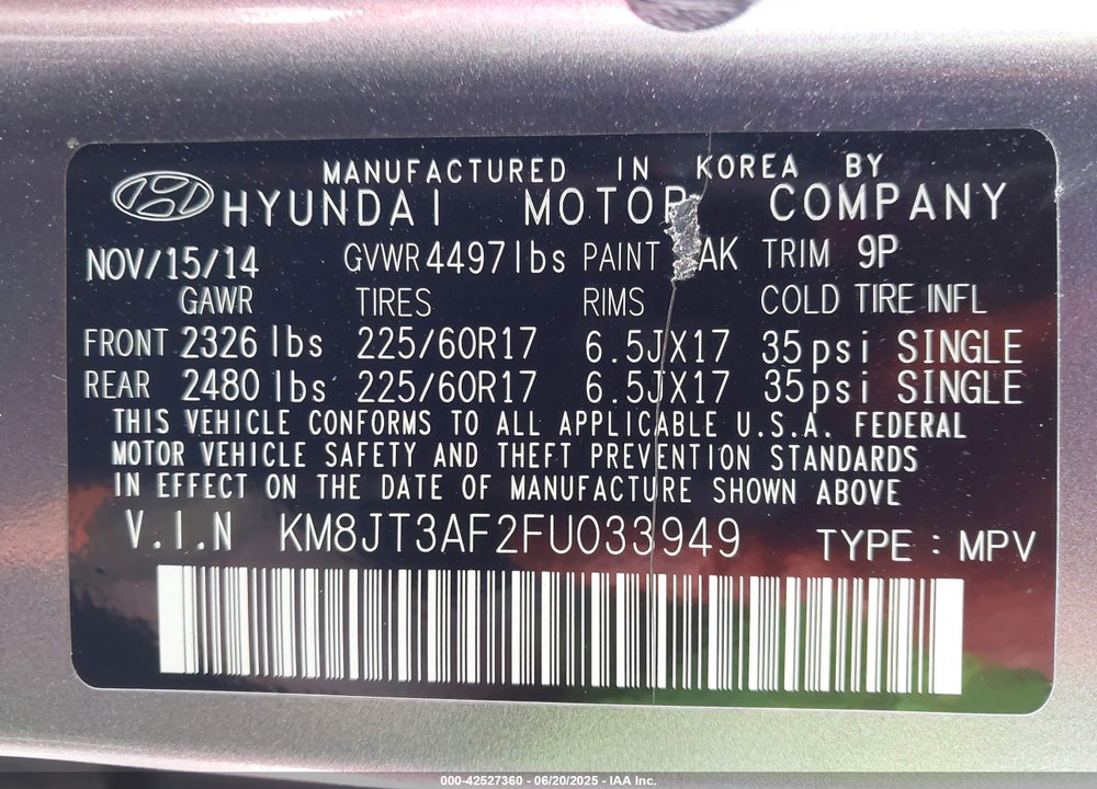 2015 HYUNDAI TUCSON VIN: KM8JT3AF2FU033949