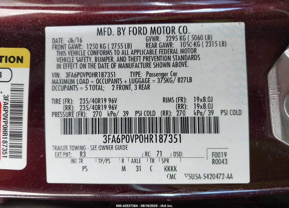 2017 FORD FUSION VIN: 3FA6P0VP0HR187351