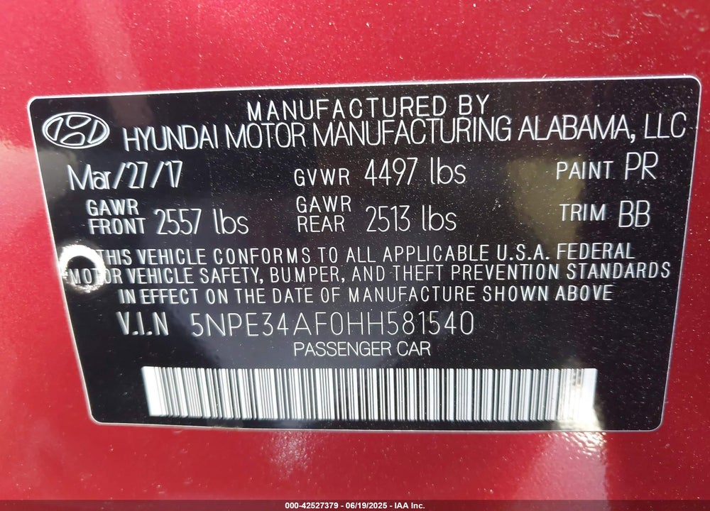 2017 HYUNDAI SONATA VIN: 5NPE34AF0HH581540