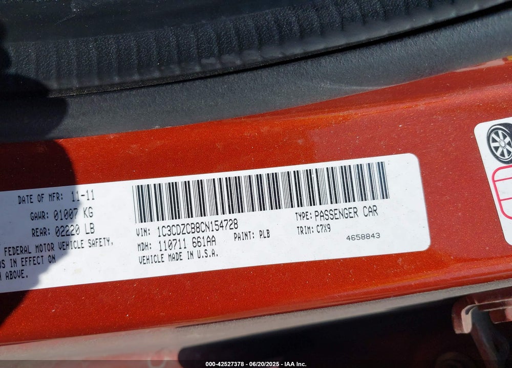 2012 DODGE AVENGER VIN: 1C3CDZCB8CN154728