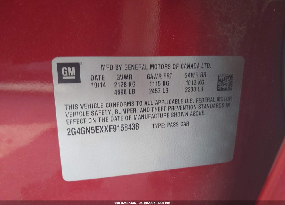2015 BUICK REGAL VIN: 2G4GN5EXXF9158438