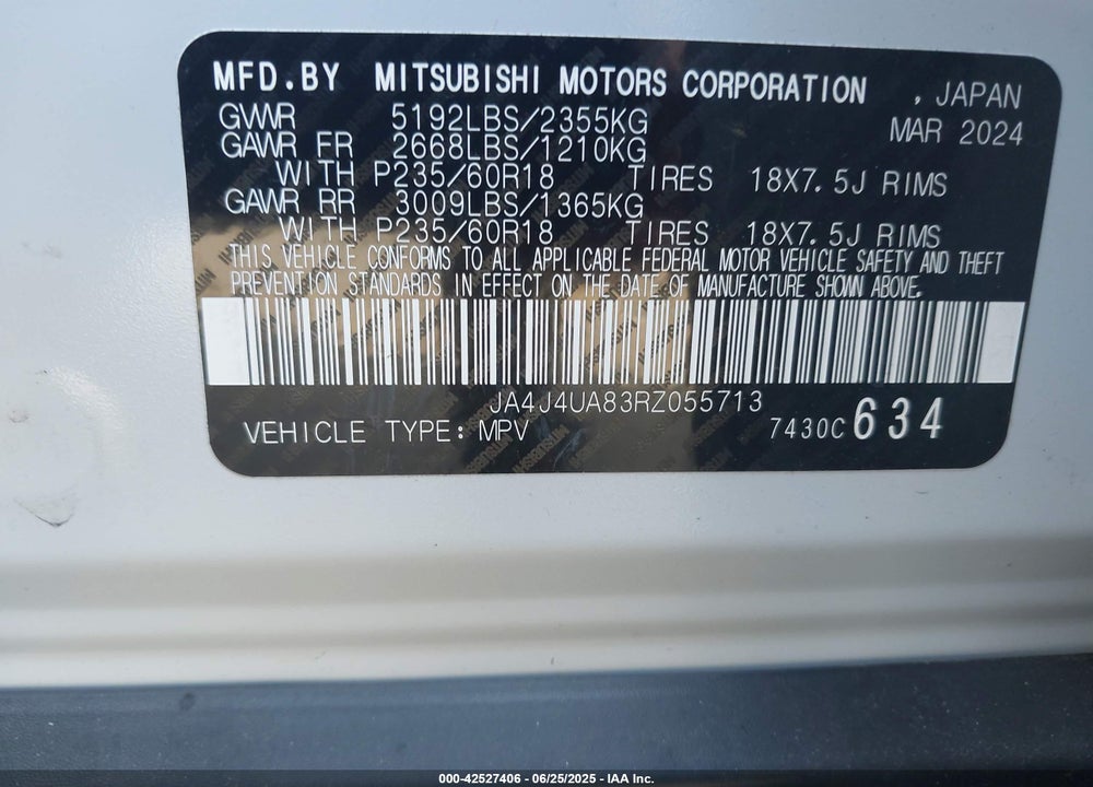 2024 MITSUBISHI OUTLANDER VIN: JA4J4UA83RZ055713