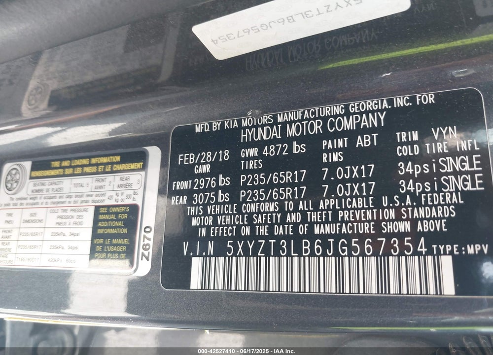 2018 HYUNDAI SANTA FE SPORT VIN: 5XYZT3LB6JG567354