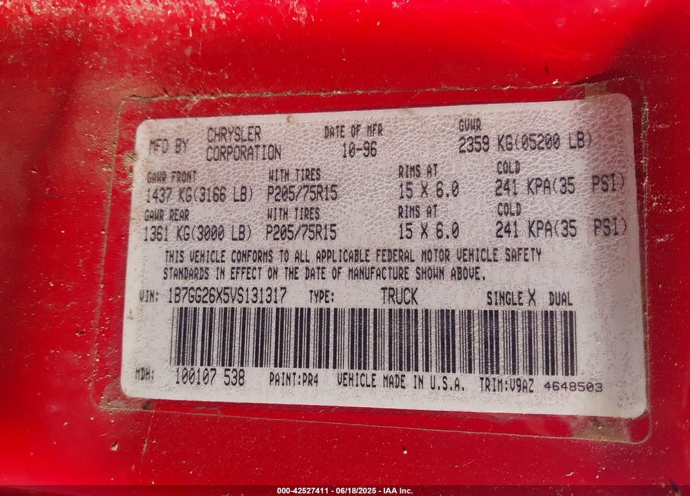 1997 DODGE DAKOTA SLT/SPORT VIN: 1B7GG26X5VS131317