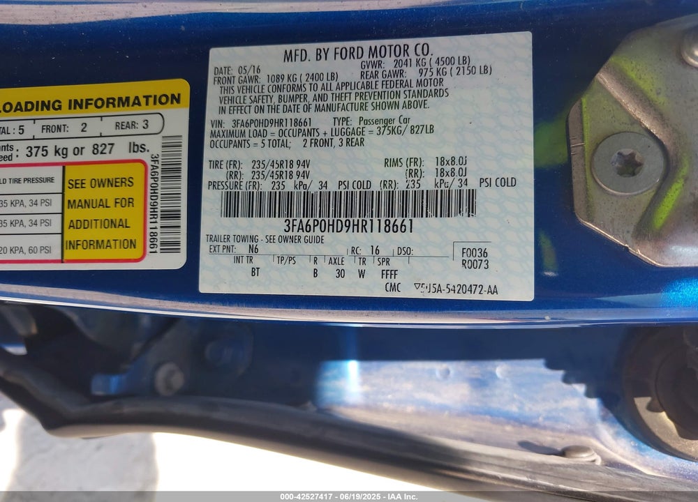 2017 FORD FUSION VIN: 3FA6P0HD9HR118661