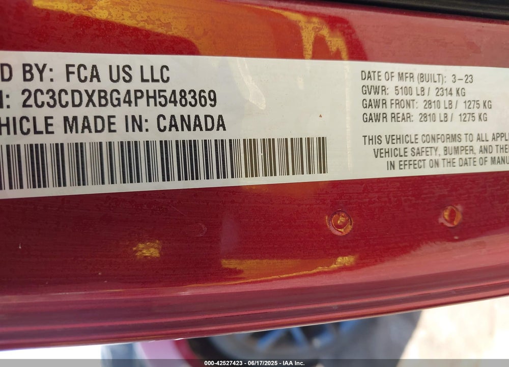 2023 DODGE CHARGER SXT VIN: 2C3CDXBG4PH548369