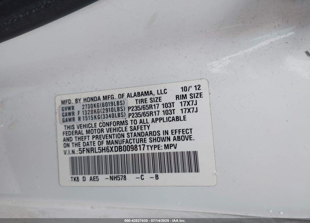 2013 HONDA ODYSSEY EX-L VIN: 5FNRL5H6XDB009817
