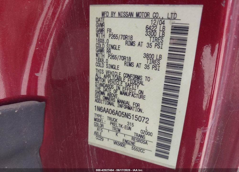 2005 NISSAN TITAN SE VIN: 1N6AA06A05N515072