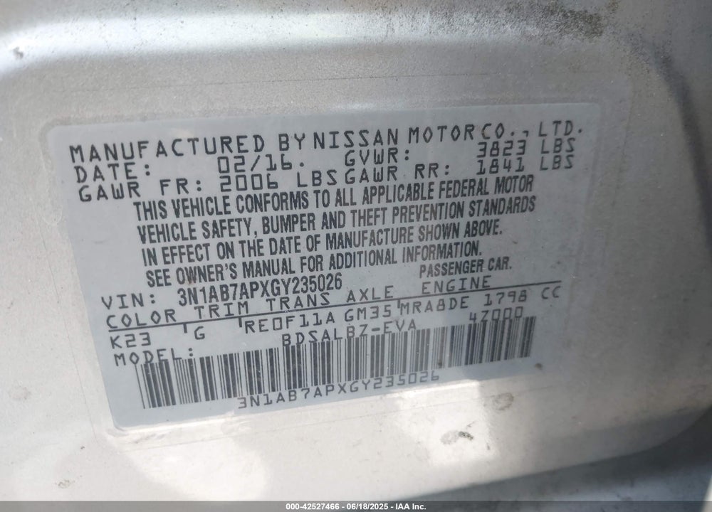 2016 NISSAN SENTRA S VIN: 3N1AB7APXGY235026