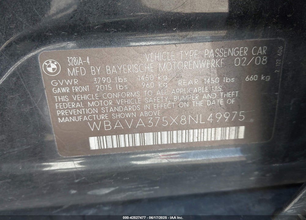 2008 BMW 3 SERIES VIN: WBAVA375X8NL49975