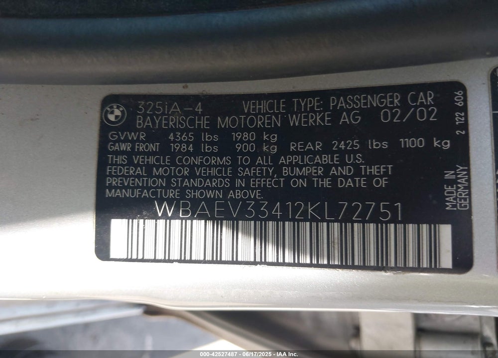 2002 BMW 325I VIN: WBAEV33412KL72751
