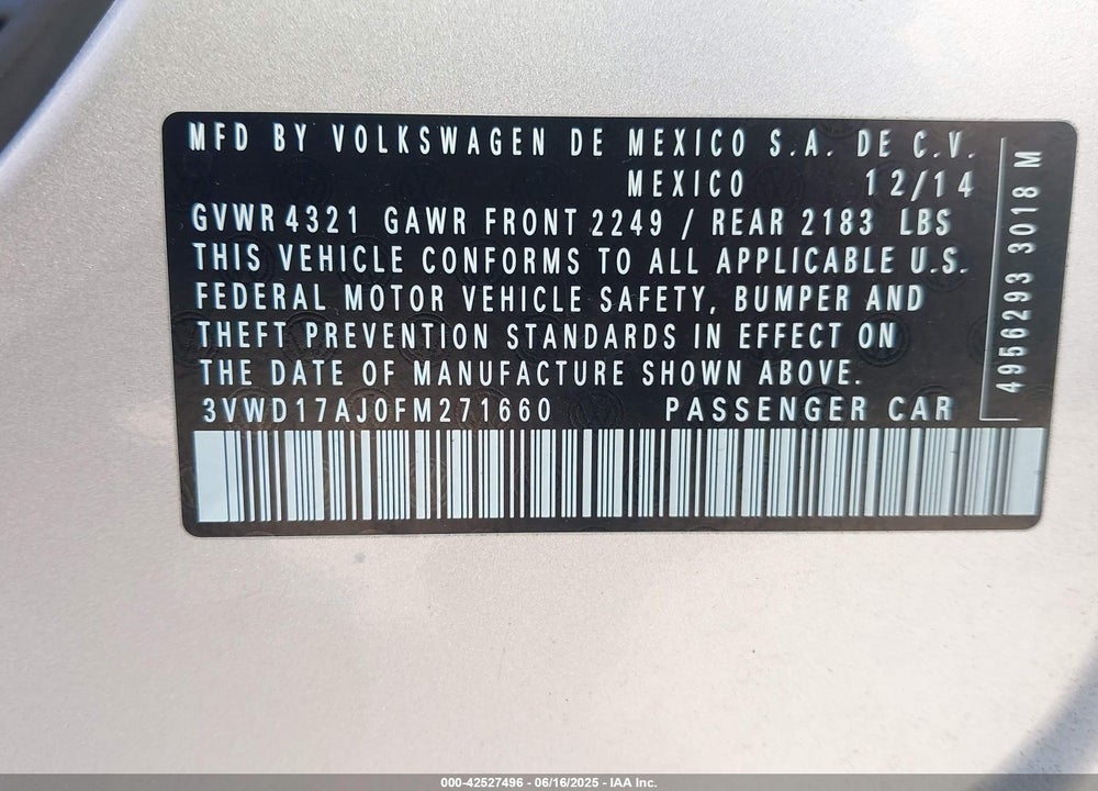 2015 VOLKSWAGEN JETTA 1.8T SE VIN: 3VWD17AJ0FM271660