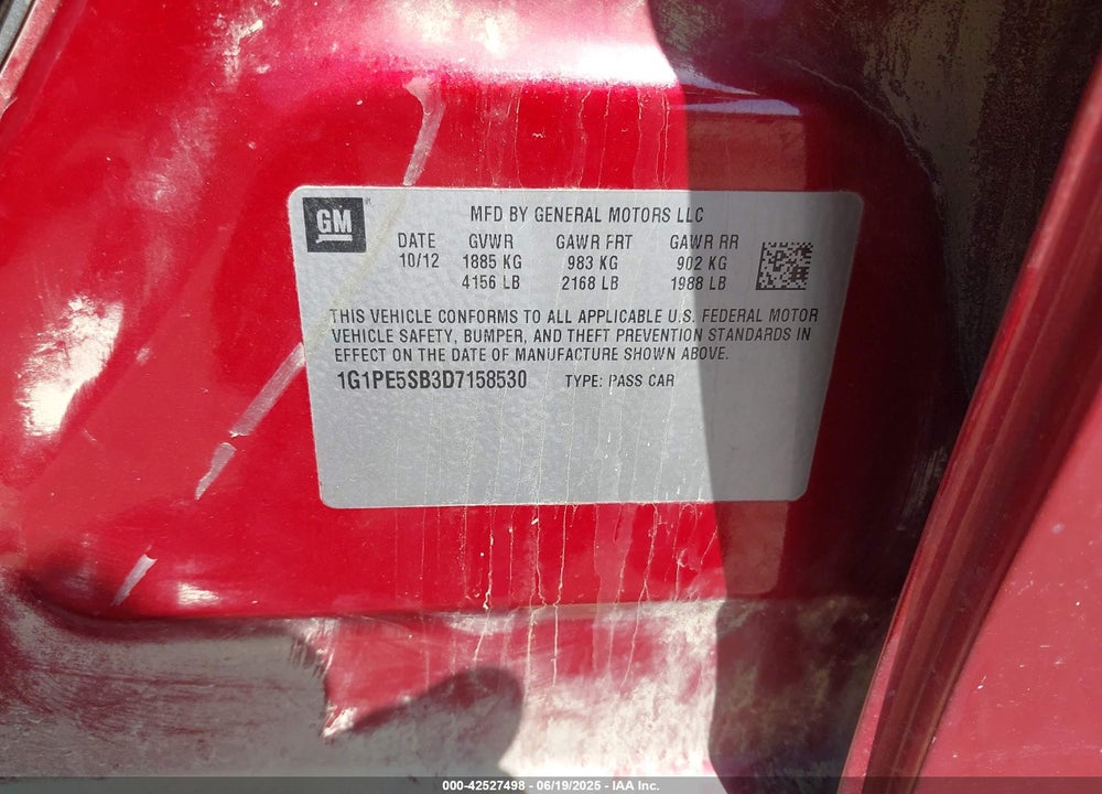 2013 CHEVROLET CRUZE VIN: 1G1PE5SB3D7158530