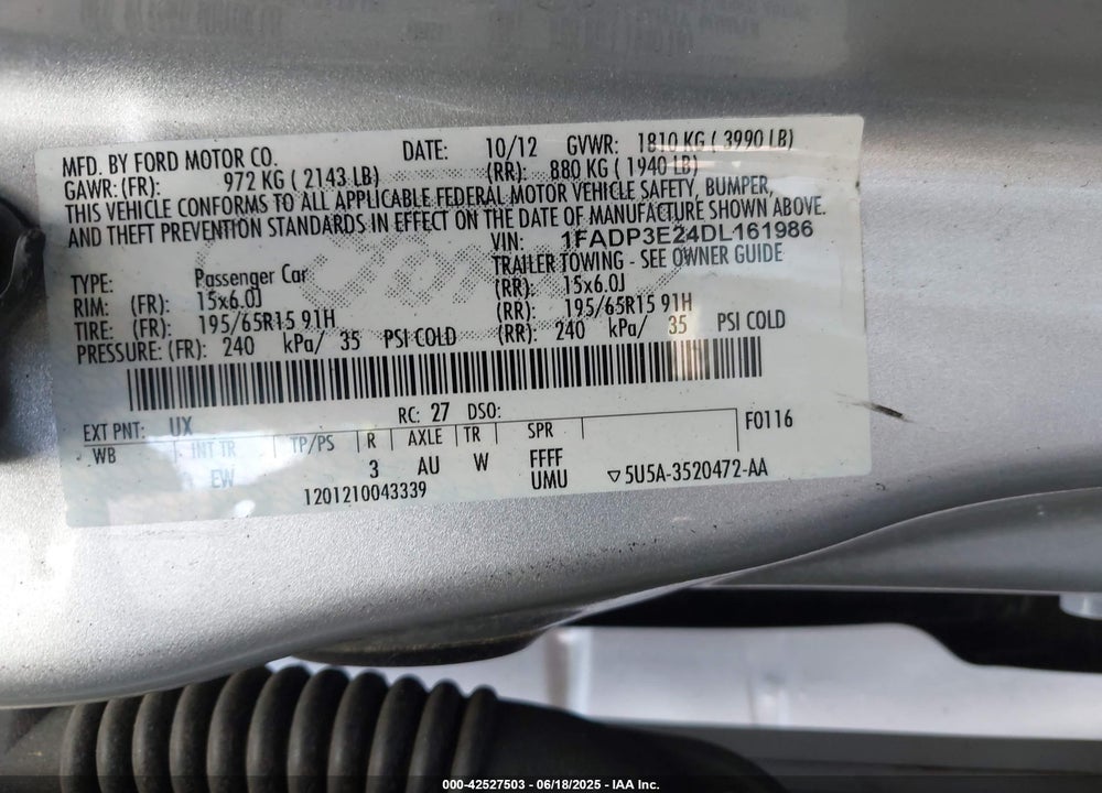 2013 FORD FOCUS VIN: 1FADP3E24DL161986