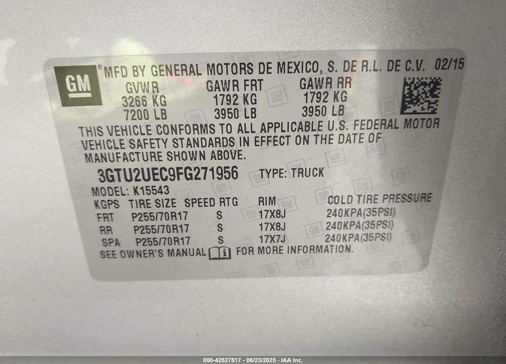 2015 GMC SIERRA 1500 SLE VIN: 3GTU2UEC9FG271956