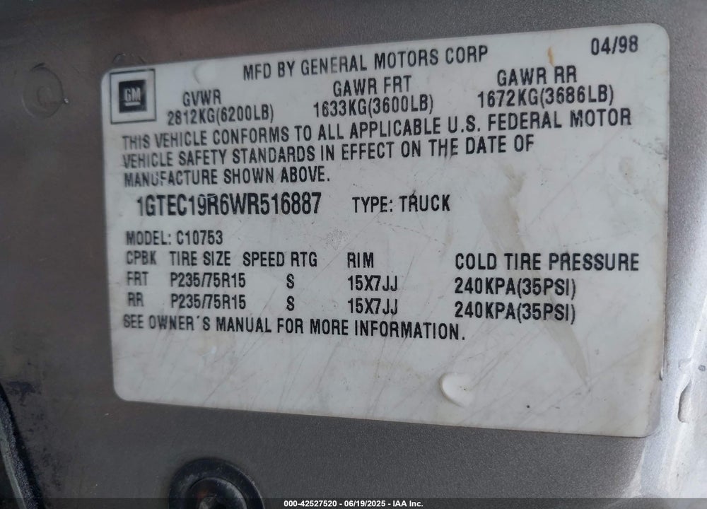 1998 GMC SIERRA 1500 SL WIDESIDE VIN: 1GTEC19R6WR516887