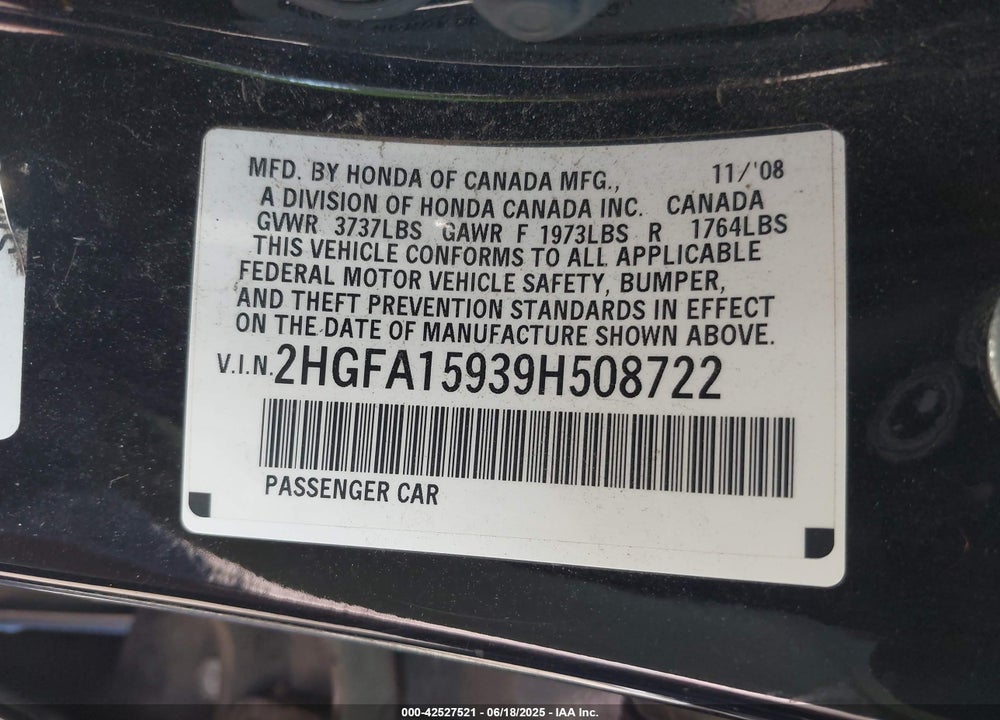 2009 HONDA CIVIC VIN: 2HGFA15939H508722